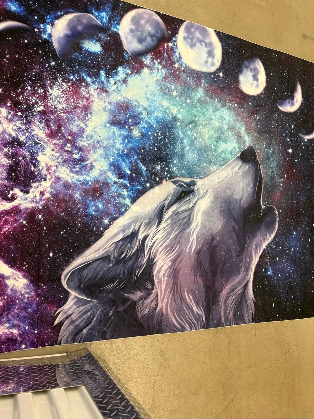 Mystic Wolf Galaxy Moon Cycle Wall Tapestry